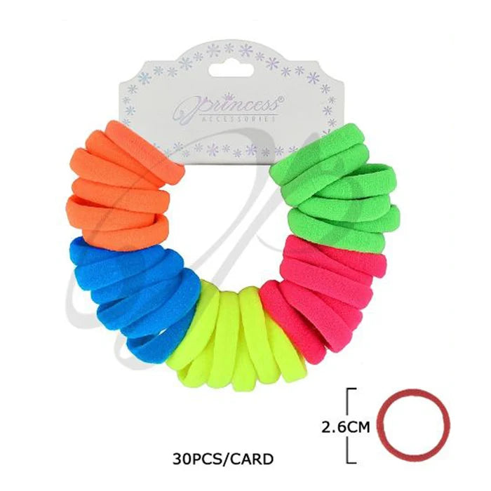 30pc Neon Hair Elastics Set – 2.6cm Seamless Snag-Free Ponytail Holders for Girls and Women (RB-32002NE)