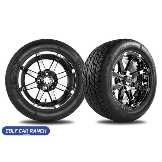 Two black chrome alloy wheels with tires, designed for a golf cart, with the text 'GOLF CAR RANCH' at the bottom.