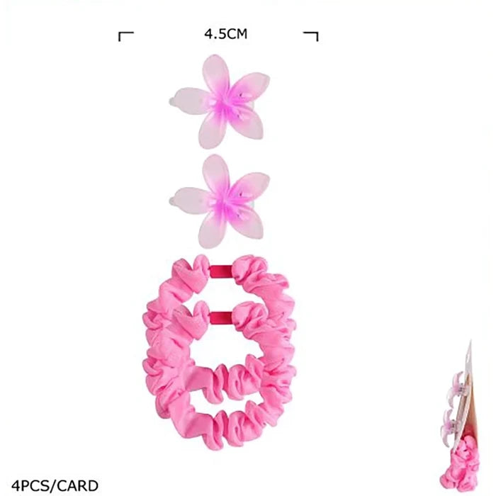 4pc Hawaiian Plumeria Flower Hair Clip & Scrunchie Set(HS-10787S)