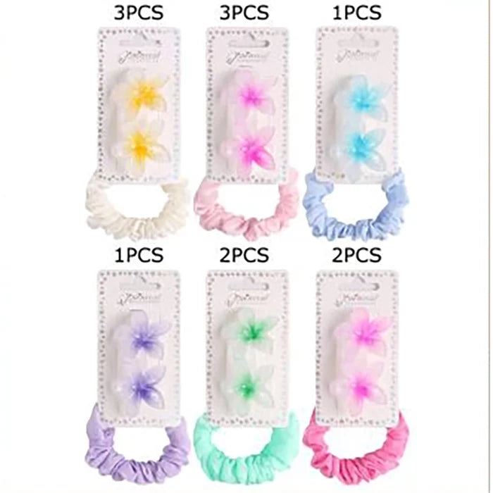 4pc Hawaiian Plumeria Flower Hair Clip & Scrunchie Set(HS-10787S)