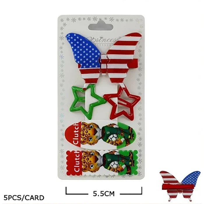 5pc Kids Patriotic Hair Clips Set – Flag Butterfly, Star Snap Clips, and Cute Cartoon Character Barrettes for Girls (TK-1107A)