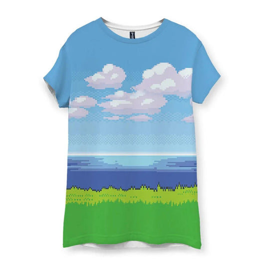 This nostalgic pixel art landscape displays a "Cornflower Pixel Sky" populated by blocky white clouds with "Lavender Glitch" shading. Contact us with accessibility feedback, we'd love to help!
