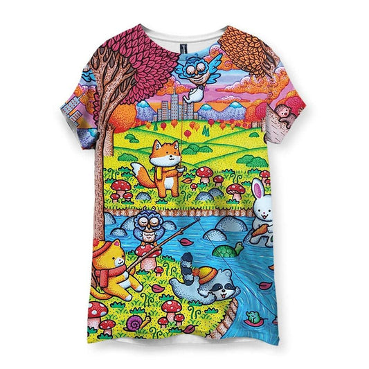 Rendered in a detailed doodle-art style, this whimsical autumn landscape features rolling hills of chartreuse meadow and a vivid cyan river beneath trees with magenta foliage. Contact us with accessibility feedback, we'd love to help!