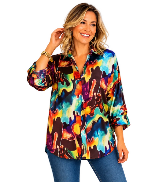 Abstract Print Silky Oversized Big Shirt - GDB-584-GE