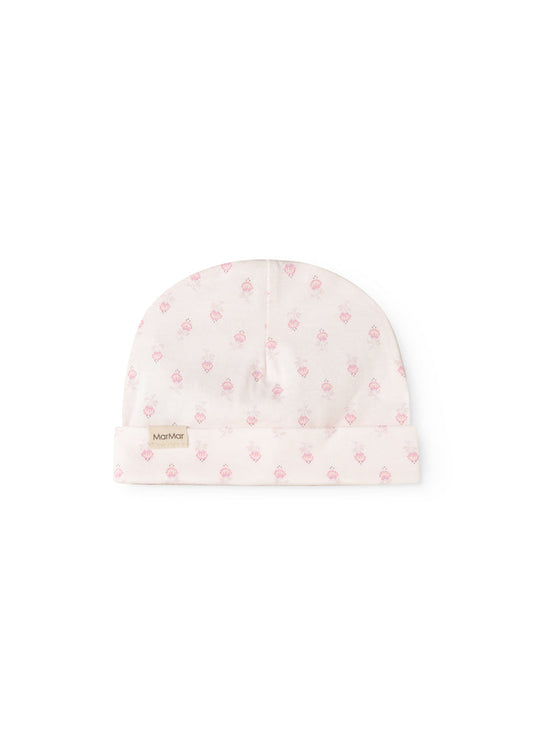 Babyhue in light white with pink flower print, round shape and small label.