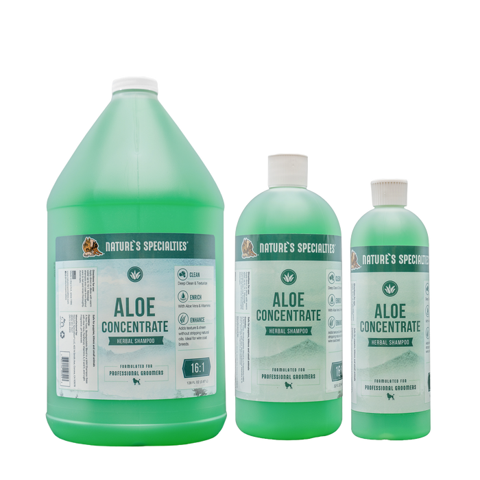 Three bottles Natures Specialties Aloe Concentrate Shampoo for dogs cats. 128oz, 32oz, 16oz.