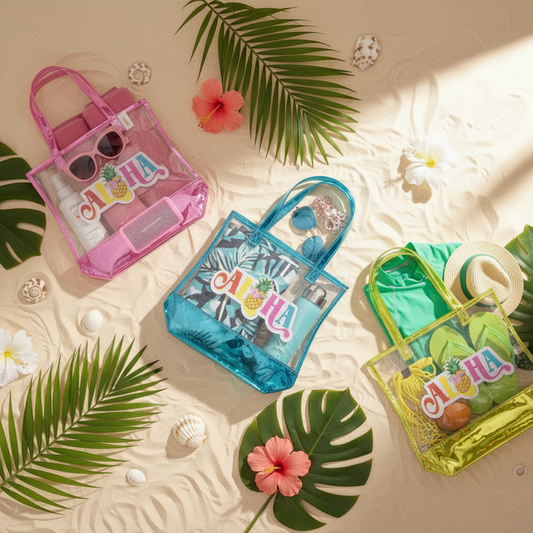 "Aloha" Clear Tote Bag with Holographic Trim (Pack of 12) (QE3178)