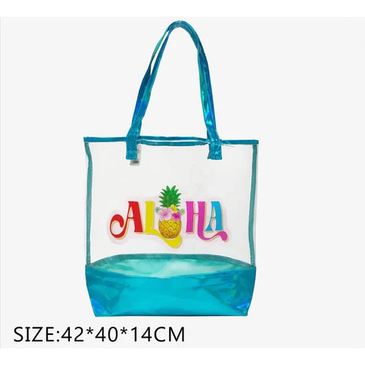 "Aloha" Clear Tote Bag with Holographic Trim (Pack of 12) (QE3178)