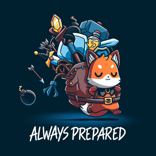 Premium Cotton T-shirt_TeeTurtle navy blue Always Prepared featuring a fantasy cartoon fox dressed as an adventurer carrying an oversized backpack filled with weapons and tools.