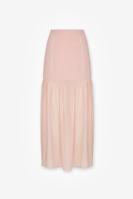 HEVRON Amalie Skirt Dusty Pink Linen Midi Skirt, product front view