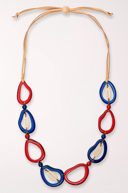 Necklace with red and blue teardrop-shaped pendants on a white background