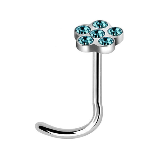 20g Aquamarine Flower Shape With 6 Crystals Nose Screw Surgical Steel / Silver / Aquamarine Nose Screw