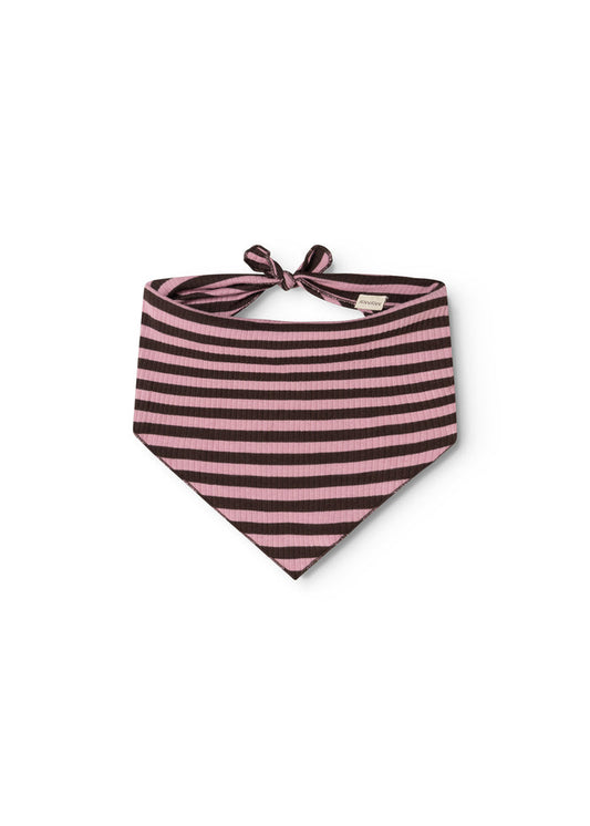 Striped scarf in pink and dark brown, tied with a bow in front.