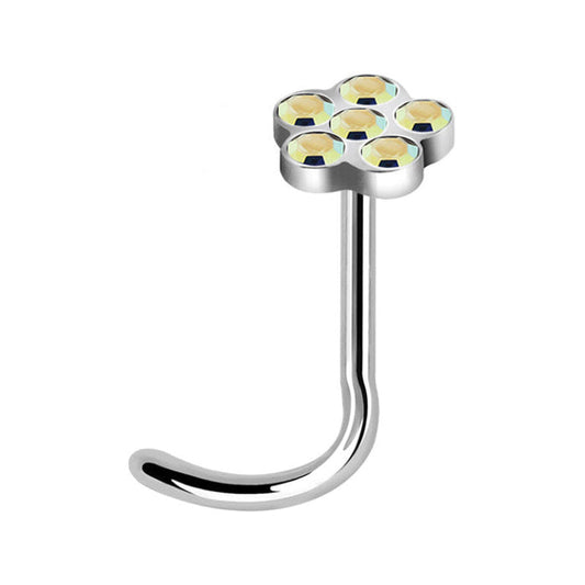 20g Aurora Borealis Flower Shape With 6 Crystals Nose Screw Surgical Steel / Silver / Aurora Borealis Nose Screw