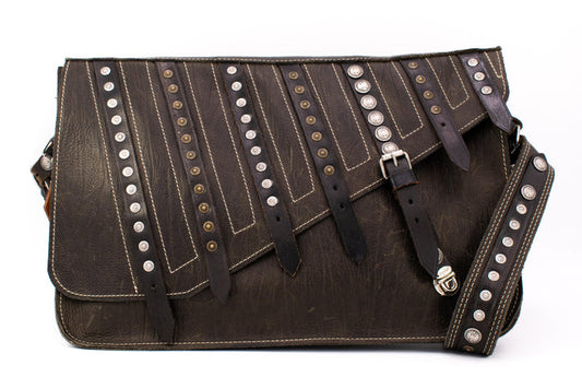 Austrian Brown Leather Briefcase Bag with Antique Downward Straps and Studded Details