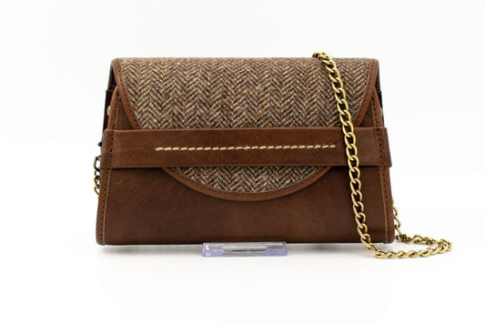 Austrian Brown Nappa Leather & Herringbone Tweed Clutch Purse with Gold Chain Strap