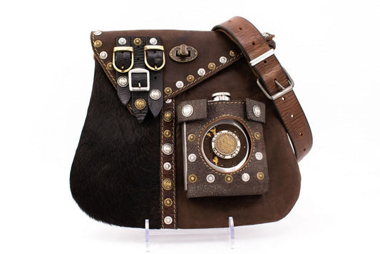Austrian Leather Kilt Waist Bag with Fur Accent & Integrated Hip Flask