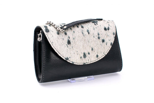 Austrian Petrol Blue Leather Handheld Evening Clutch with Speckled Cowhide Fur