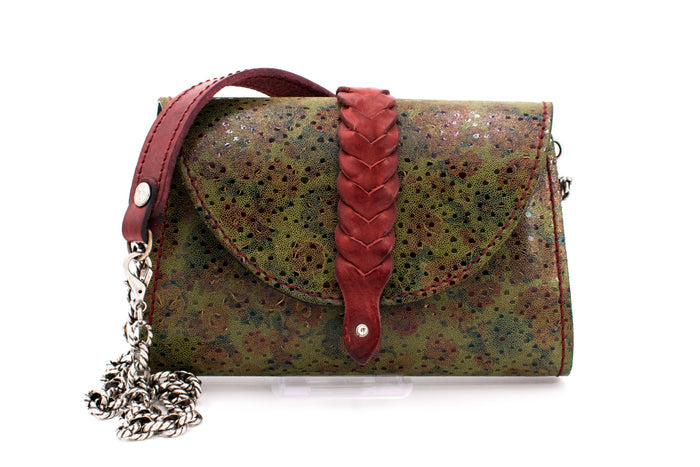 Austrian Red & Green Patterned Tapestry Purse with Braided Leather Accent & Chain Strap