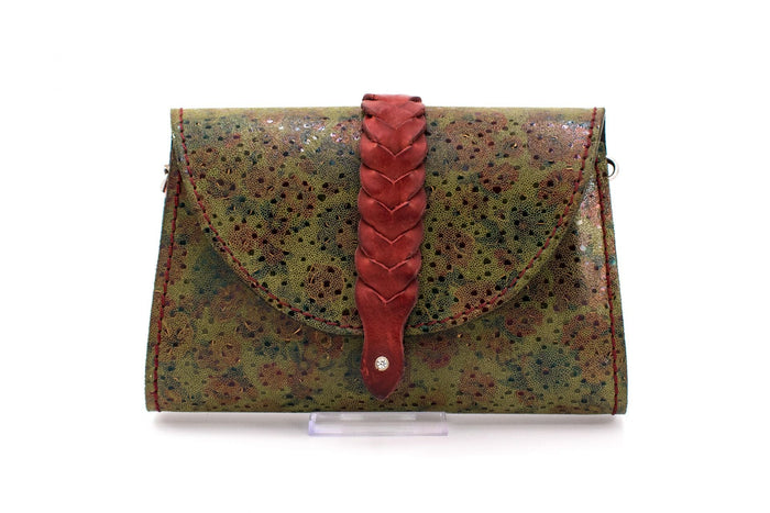 Austrian Red & Green Patterned Tapestry Purse with Braided Leather Accent & Chain Strap