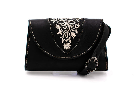 Austrian Structured Black Clutch Purse with Silver Floral Embroidery & Ornate Strap