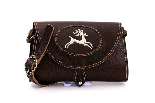 Austrian Structured Brown Leather Clutch Purse with Traditional "Deer" Embroidery