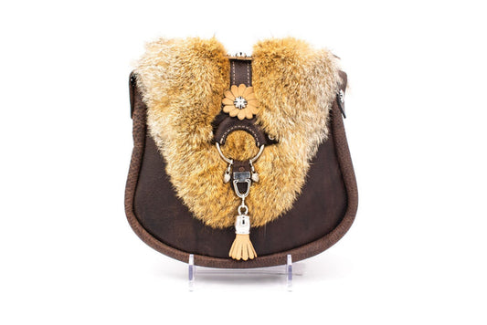 Austrian Structured Leather Handbag with Genuine Fox Fur Collar & Floral Ring Closure