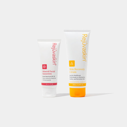 Rejûvaskin Before and After Sun Care Routine bundle on a white background
