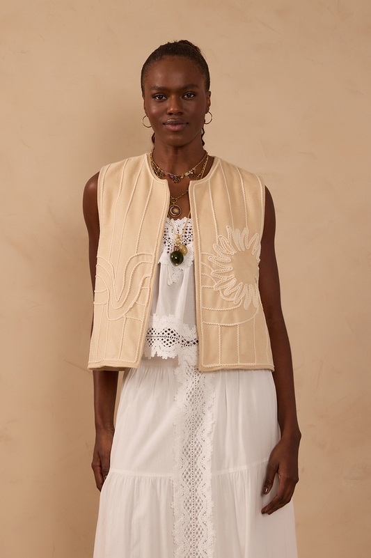 Beige Embroidered Sleeveless Suede Vest_1