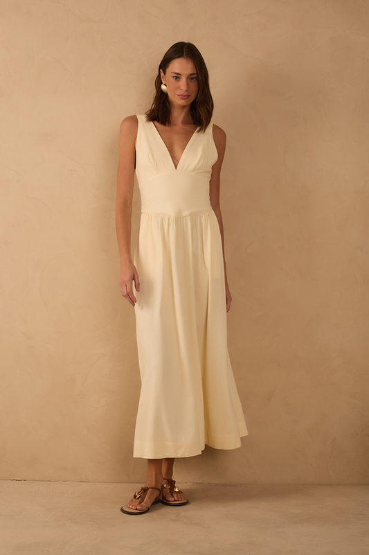 Beige Linen Cropped Large Yoke Dress_1