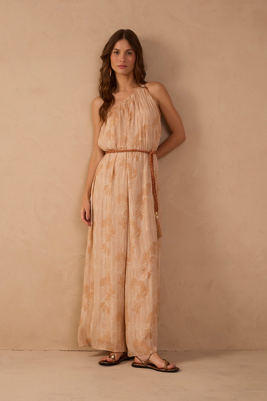 Beige Oceano One Shoulder Lurex Jumpsuit_1