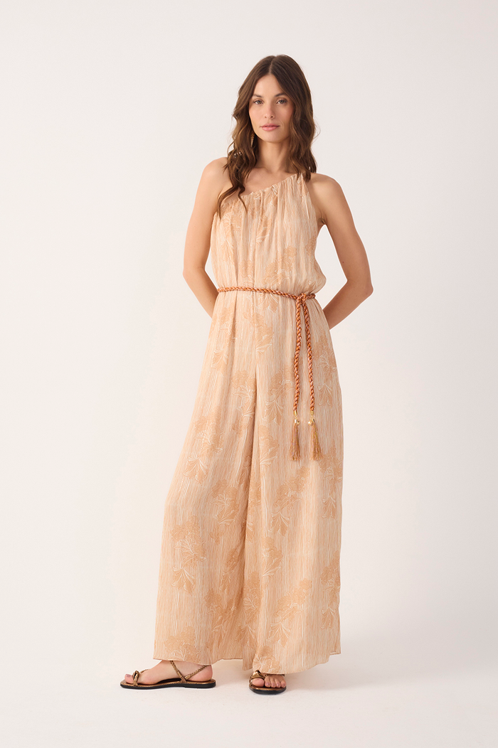 Beige Oceano One Shoulder Lurex Jumpsuit_2
