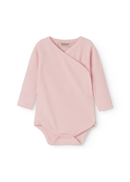 Pink bodystocking with long sleeves, stripes, and diagonal closure with snap buttons.