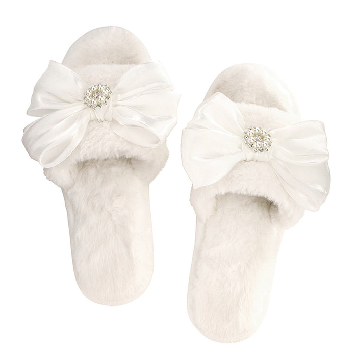Bella -  Plush Slippers 0690 - White Crystal Bow