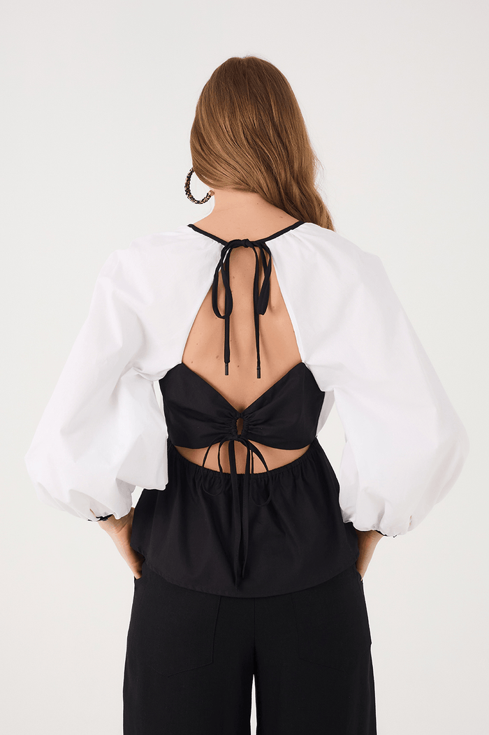 Black And White Crew Neck Open Back Cotton Blouse_6