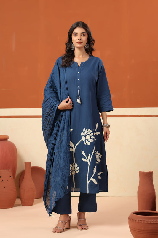 Blue Placement Floral Embroidery Cotton Kurta Set with Dupatta