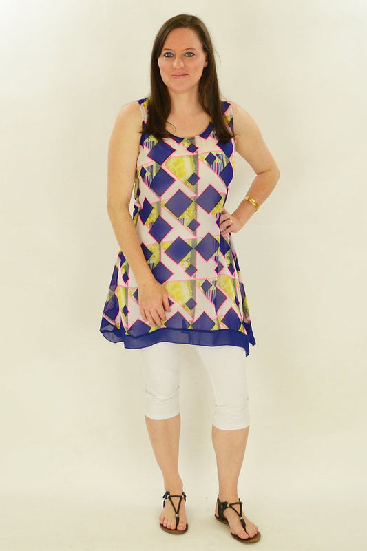 Blue squares pattern tunic by Whispers, featuring a comfortable, stylish design with a relaxed fit and vibrant geometric print.