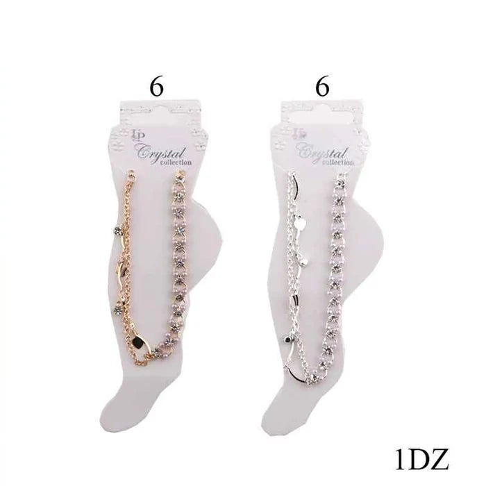 Boho Crystal Heart Charm Anklet Set – 12-Piece Wholesale Layered Ankle Bracelets, Gold & Silver Rhinestone Foot Jewelry (DBE-2856)