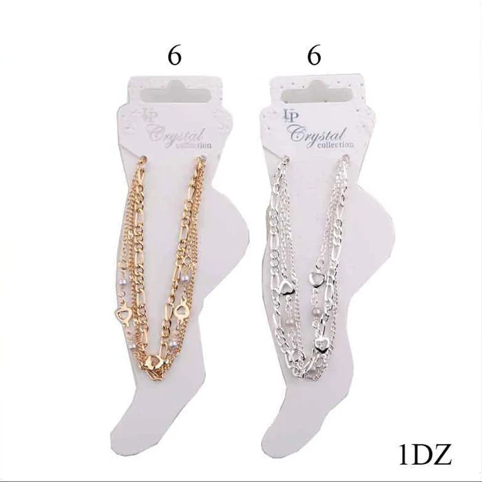 Boho Layered Heart Charm Anklet with Faux Pearls – Gold and Silver Tone Adjustable Foot Jewelry (DBE-2848)