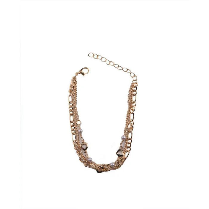 Boho Layered Heart Charm Anklet with Faux Pearls – Gold and Silver Tone Adjustable Foot Jewelry (DBE-2848)