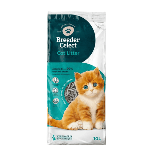 White background with a 10 litre bag of Breeder Celect recycled paper Cat Litter with a ginger tabby kitten pictured on the bag.