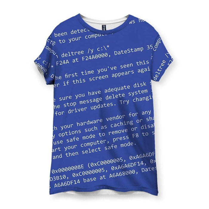 This t-shirt features a retro-computing aesthetic with diagonal rows of stark white monospaced text cascading across an electric royal blue background. Contact us with accessibility feedback, we'd love to help!