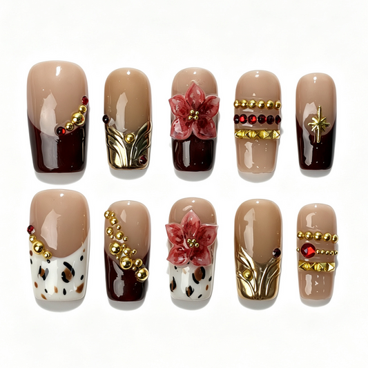 Medium square press‑on nails, burgundy french leopard print pink flower gold chain vintage fake nails