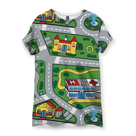 This women's t-shirt showcases a nostalgic children's traffic playmat design—a bird's-eye view of a miniature town with slate grey roads winding through vibrant green neighborhoods. Contact us with accessibility feedback, we'd love to help!