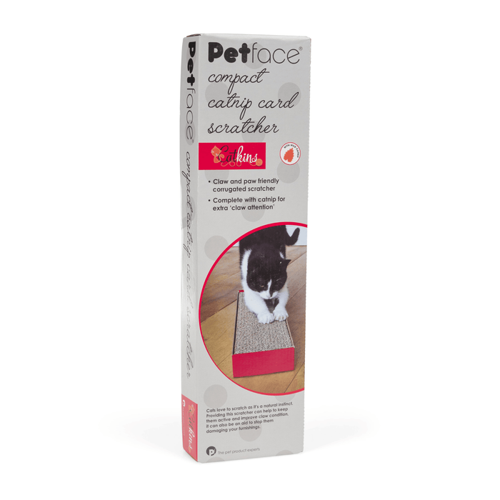 Grey outer box with a picture of a black and white cat using the cardboard scratcher on it on a white background.