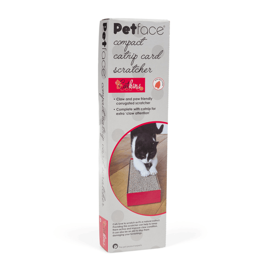 Grey outer box with a picture of a black and white cat using the cardboard scratcher on it on a white background.