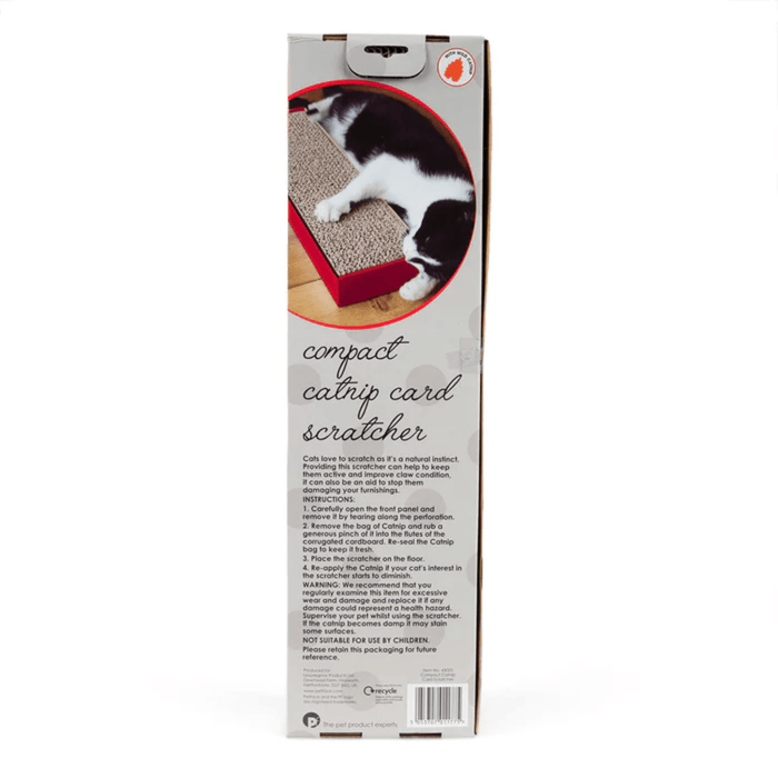 Back of grey outer box with a picture of a black and white cat using the cardboard scratcher on it on a white background.