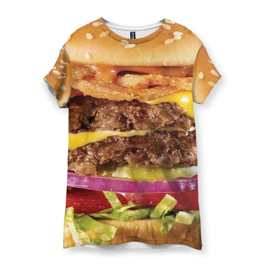 This hyper-realistic design depicts a towering double cheeseburger in vivid, photographic detail. Contact us with accessibility feedback, we'd love to help!