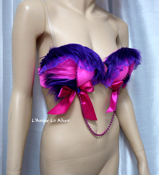 Cheshire Cat Inspired Fur Dance Rave Bra with Bows