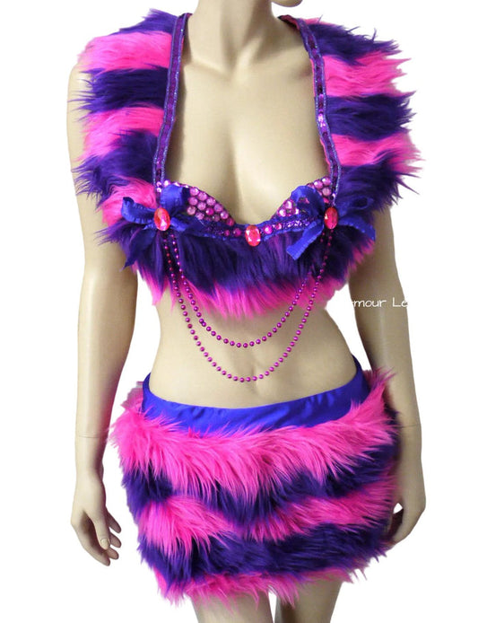 Cheshire Cat Inspired Fur Rave Bra and Skirt with Pink and Purple Stripes